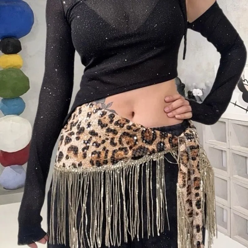 Bohemian Jazz Dance Waist Scarf Personalized Leopard Print Sequins Fart Curtain Street Dance Hip Scarf Accessories Waist Outfit