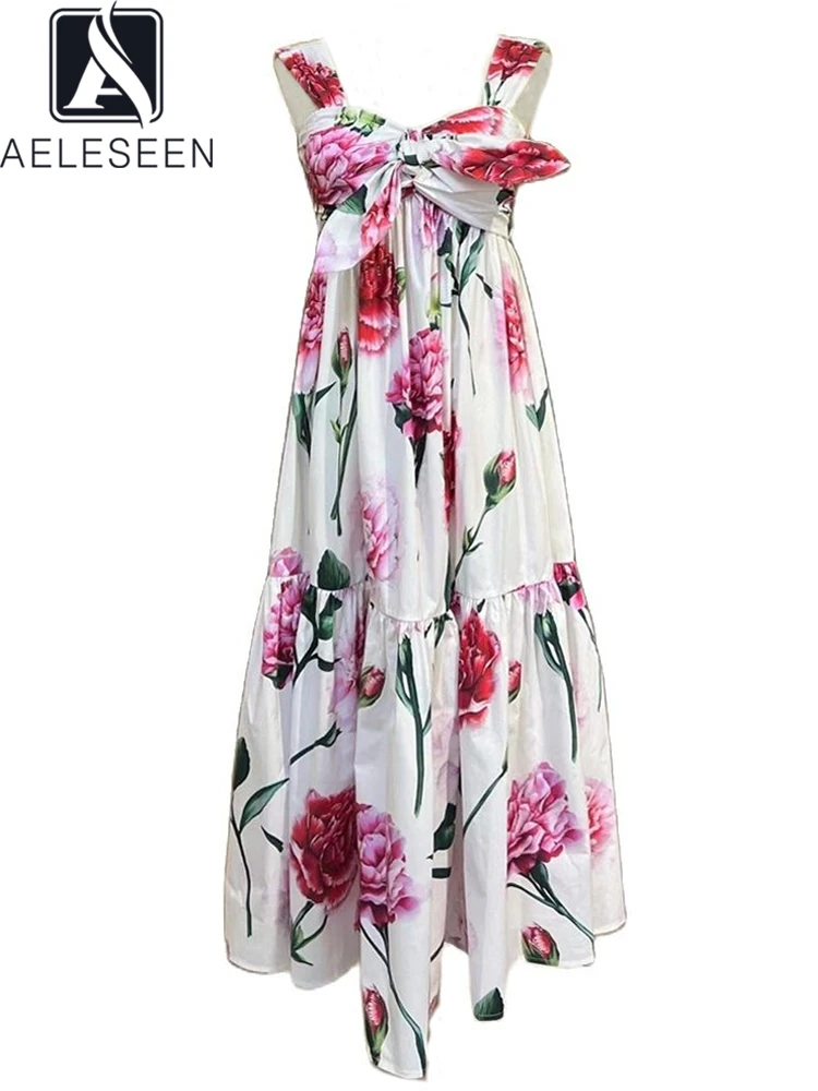 

AELESEEN High Quality Women 100% Cotton Dress Sicilian Spaghetti Strap Pink Flower Print Elastic Hollow Out Bow Elegant Poplin