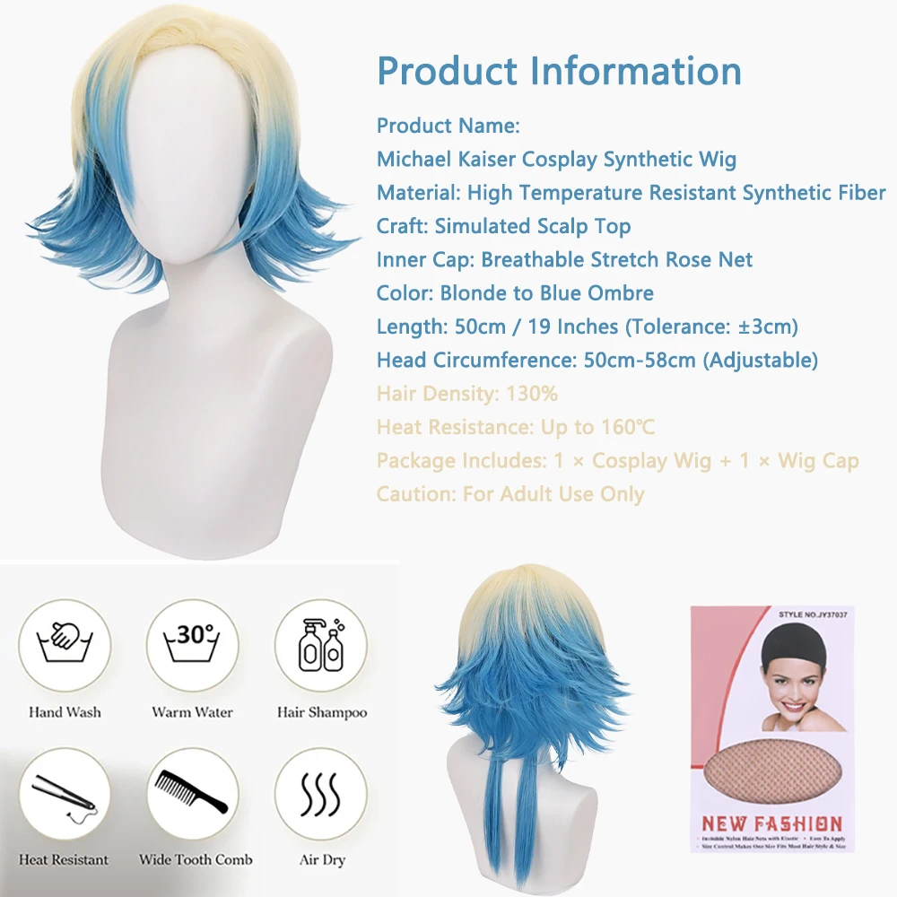 Michael Kaiser Cosplay Wig Blue Blonde Ombre Short Wig With Ponytail Heat Resistant Synthetic Hair Unisex For Anime Halloween view 4