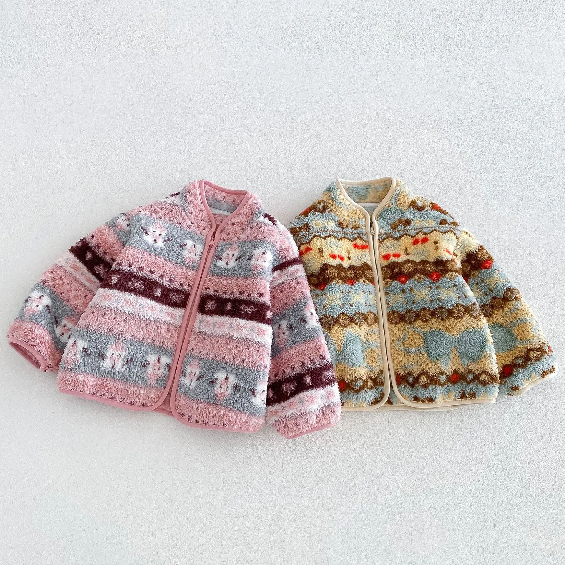 2026 Coloful Girls Double Fleece Jacquard Jacket 2026 Fall Winter Baby Girl Thick Cartoon Top Kids Winter Wear