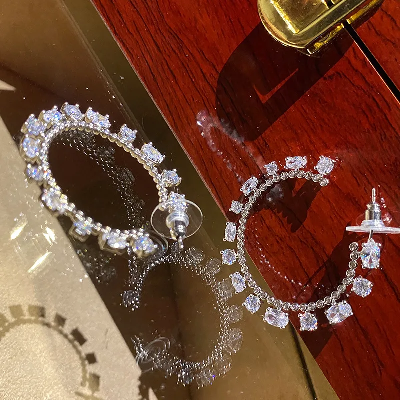 Large C Shape Hoop Earrings Full Paved Multi Cut Cubic Zirconia Silver Tone Open Circle Ear Jewelry For Women Daily Wear