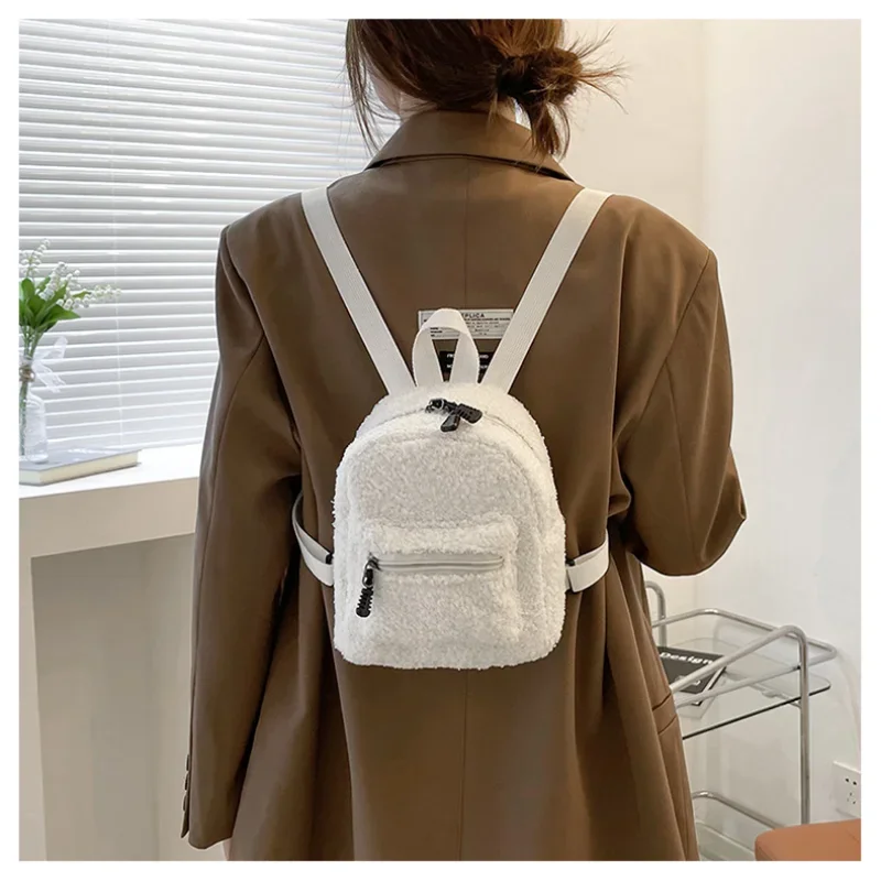 Mini Plush Backpack Solid Color Women Little Girls Wild Fashion Soft Autumn Winter Stylish Small Daypack for Shopping Street