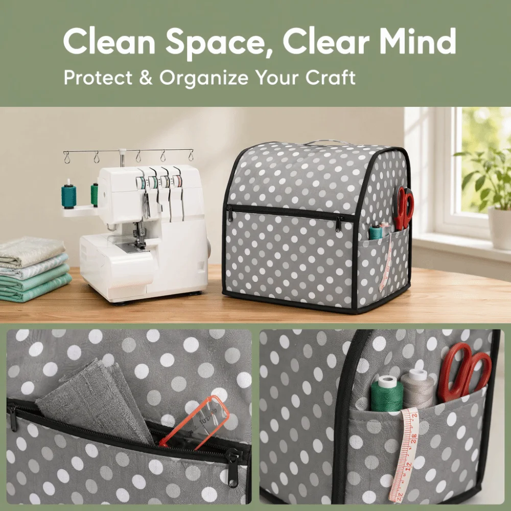 Dustproof Overlock Machine Protective Cover Soft Lined Side Pockets Sewing Tool Accessories Top Handle for Singer/Brother