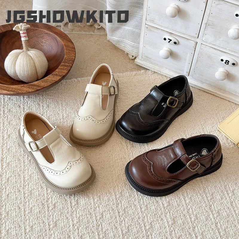 JGSHOWKITO Girls Mary Jane Shoes Autumn T-Strap Kids Brogue Leather Shoes Soft Sole Retro Style Princess School Party Flats Chic