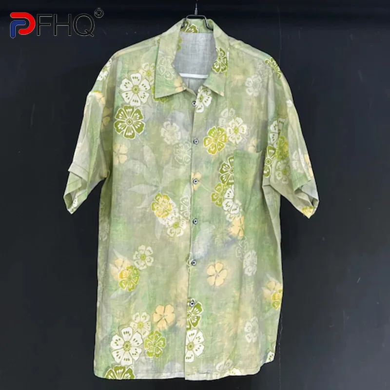 

PFHQ Men's Printed Short Sleeve Shirts Niche Thin Breathable Turn-down Collar Pockets Comfortable Male Tops Summer Chic 21Z5024