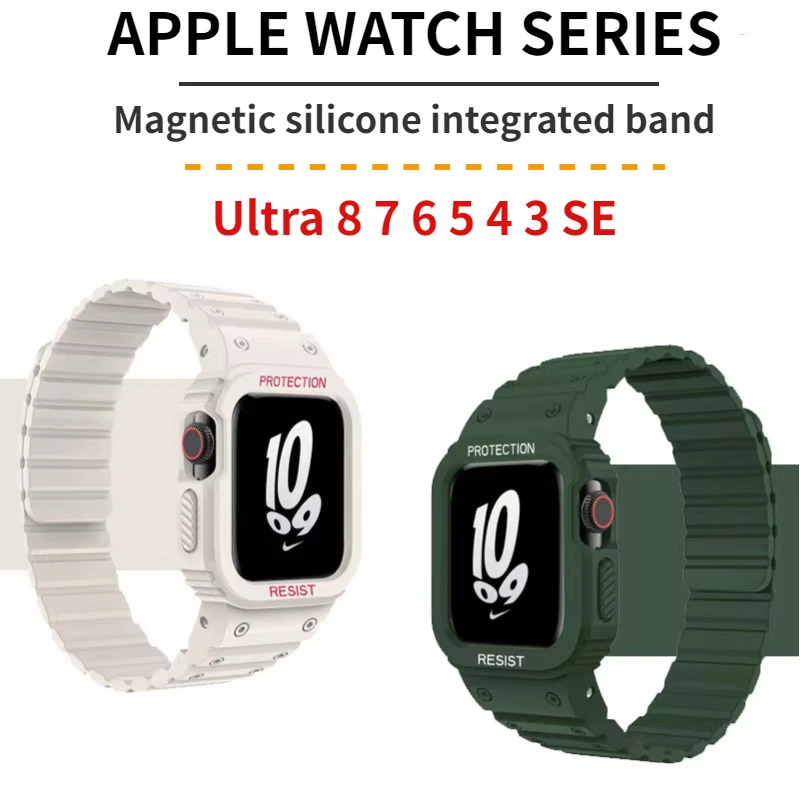 Magnetic Silicone Strap+Case For Apple Watch Ultra 49mm 8 7 45mm 41mm Protective Shell Kit iWatch 6 5 4 3 SE 44mm 42mm 40mm Band