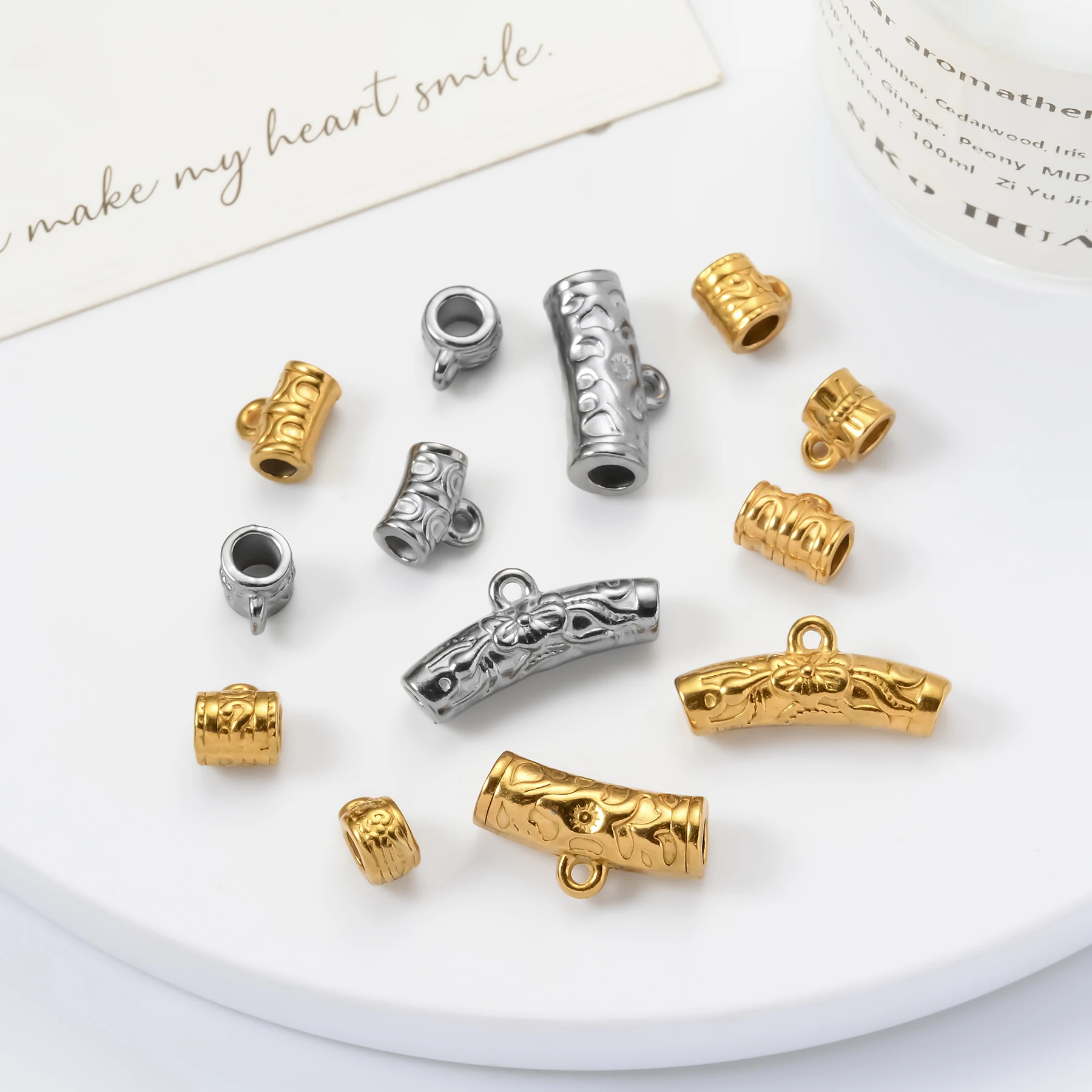 6 Stück/Set, Abstandshalter-Perlen aus Edelstahl, Ösen-Perlen, Röhren-Perlen mit Schlaufe zum Basteln von Halsketten, Armbändern und Schmuckstücken. – Detail 6
