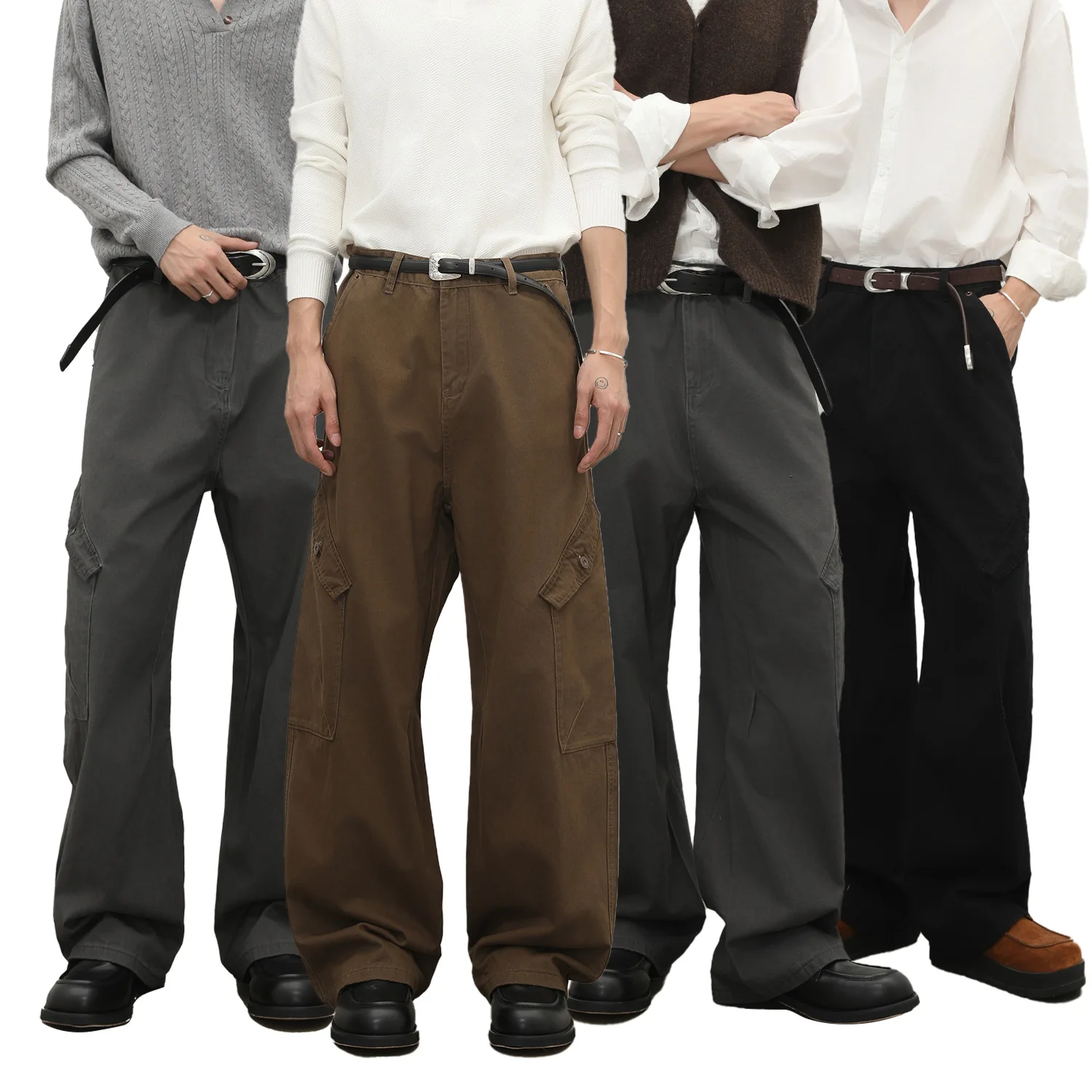 Denim American Retro Pure Cotton Multi-pocket Overalls Men's Loose Straight Casual Pants Trousers