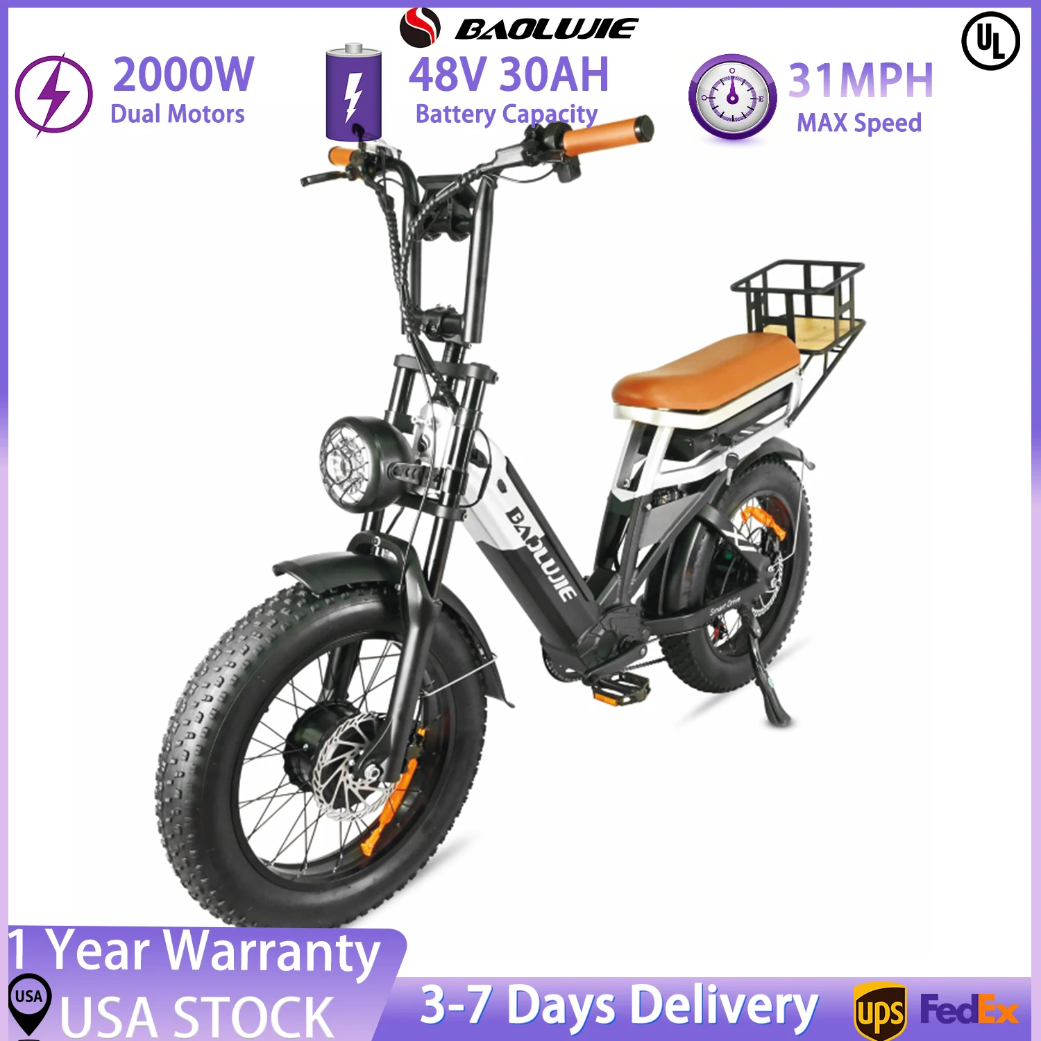 

BAOLUJIE 2033 Adult E-Bike ebike with 2000W Two Motors, 48V 30AH Battery,20 Inch Wide Tyre Electric Bike UL2849【1 Year Warranty】