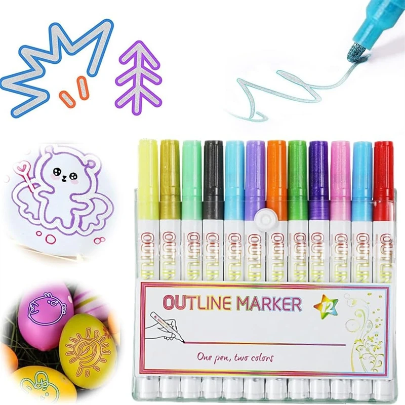 

12 Pcs / 8 Pcs Outline Marker Set, 2023 New Glitter Gel Double Line Outline Pen Sparkle Markers Colorful Art Pens for Writing