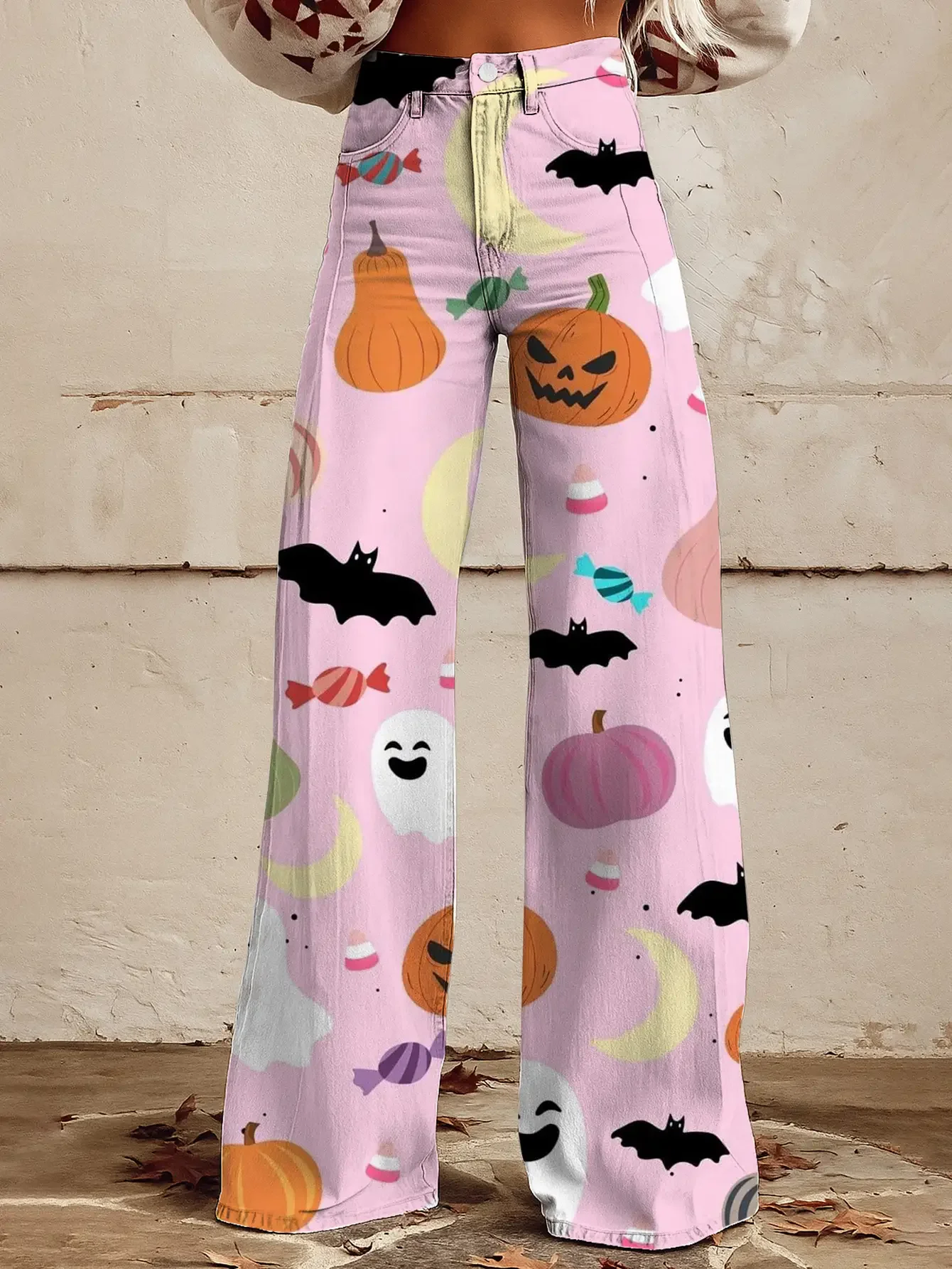  Casual jeans with a variety of colorful western prints, loose wide leg design, Fluorescent dark style pants