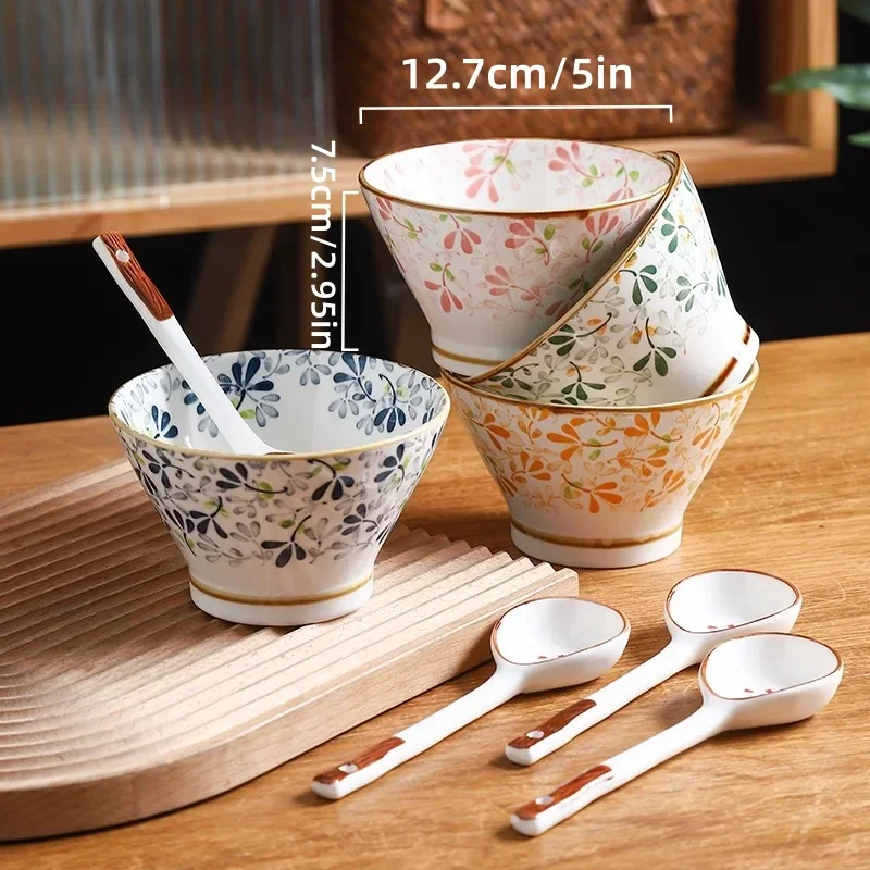 5 Inch Colorful Floral Ceramic Cone Bowls Vintage Japanese Porcelain Rice Soup Bowl Oven Microwave Safe Household Tableware
