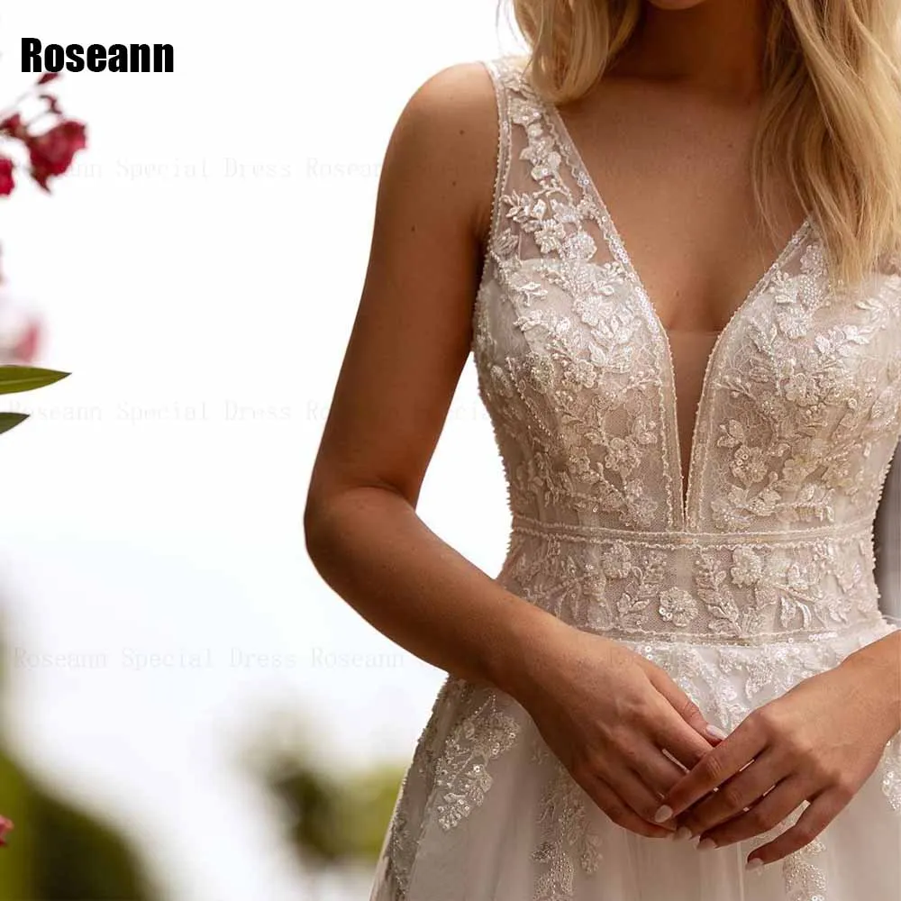 Exquisite A-line Wedding Dress V-Neck Applique Lace Draped Pleat Sleeveless Open Back Bride Dresses Floor Length robe de mariée