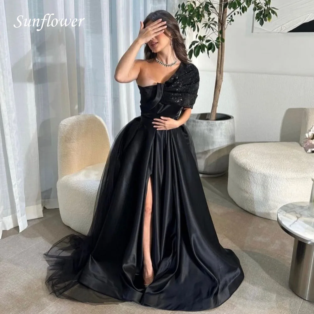 

Sunflower One-Shoulder Prom Gowns Front Split Evening Dress Slim Satin A-LINE Party Dress 2023 Floor-Length High-end Custom