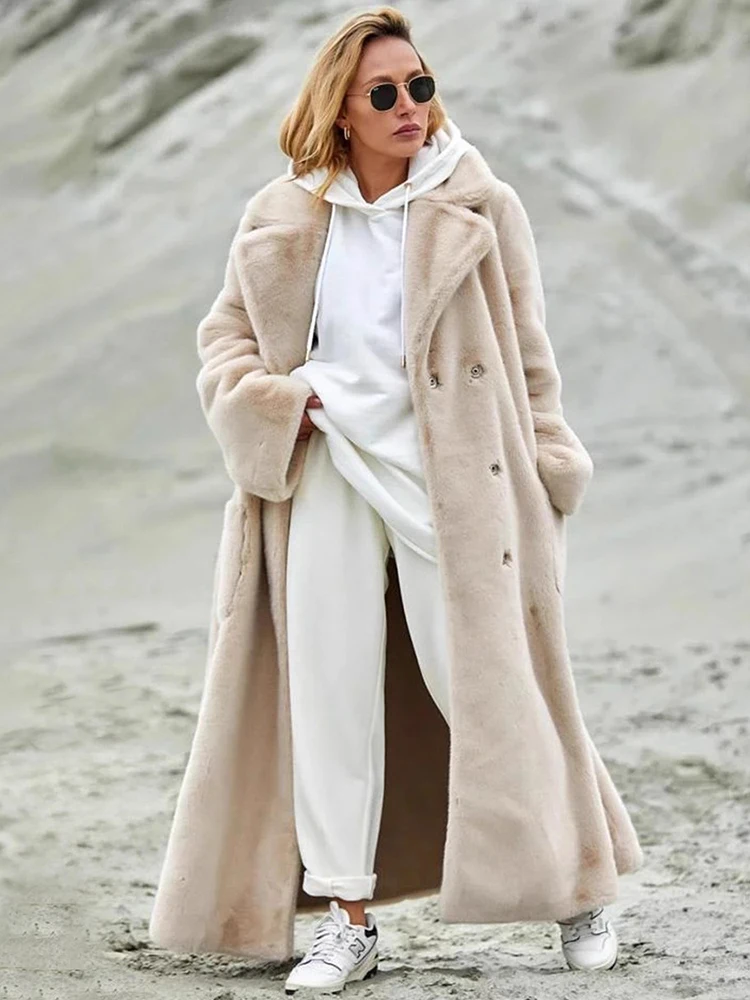 Trendix High Luxury Faux Fur Coat Women 2025 Autumn Winter Soft Warm Lace Up Faux Fur Pocket Patchwork Oversized Outerwear New