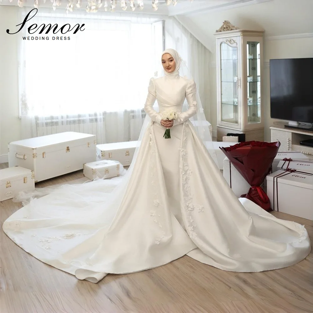 Semor Elegant Stain Mermaid Wedding Dress Detachable Train With 3D Appliques Long Sleeve Muslim Vestidos De Novia Customized
