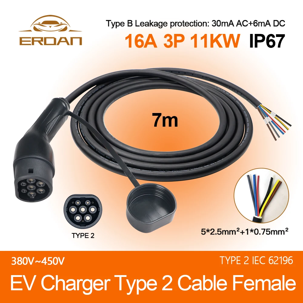 ERDAN EV Charger Type2 Female Car side Plug With Cable 16A 3Phase Car Charging Station 11KW IEC62196-2 Cord for Electric Vehicle