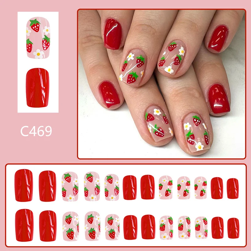 24Pcs Short Glossy Press on Nail fragola White Small Flower unghie finte stili multipli di piccoli fiori Nail Art staccabile