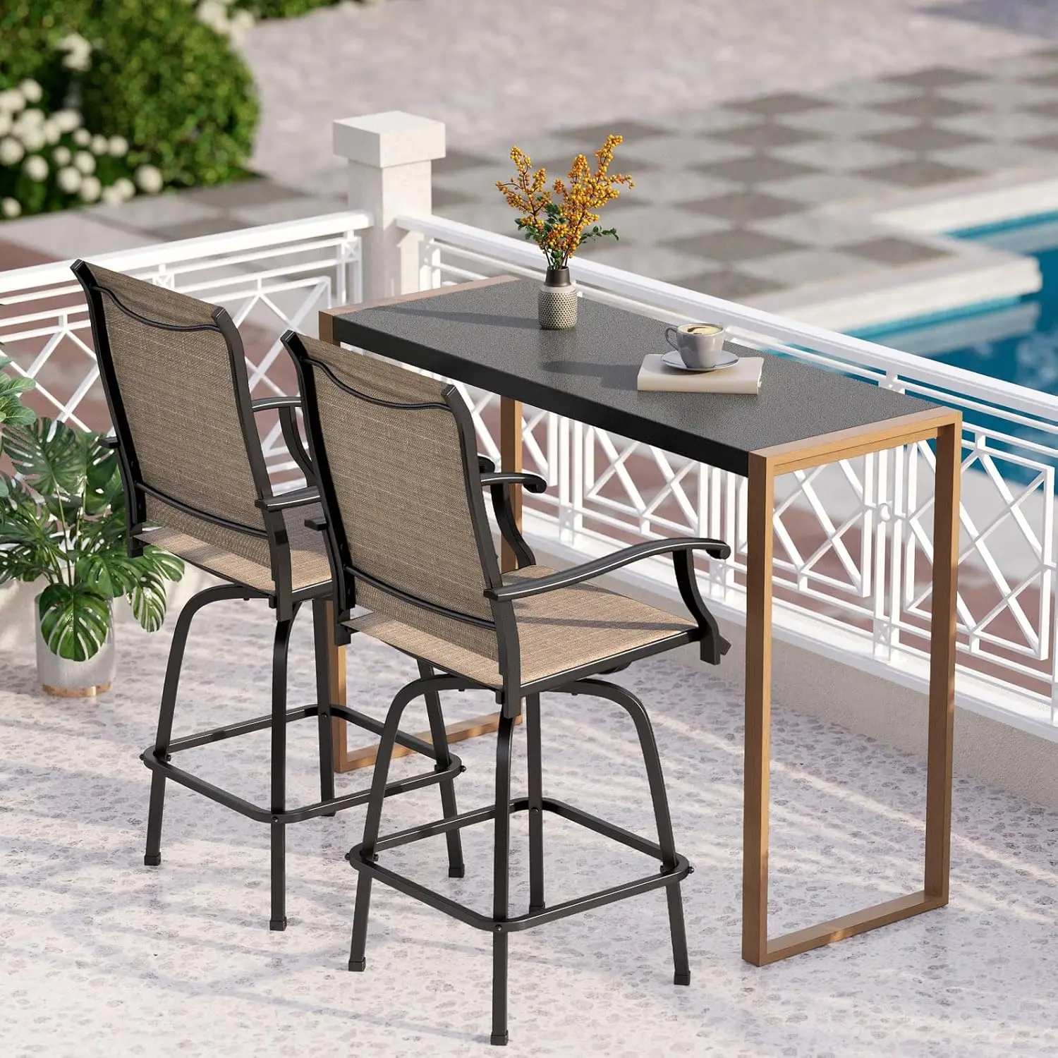 3 Piece Outdoor Bar Set, High Top Patio Table And Chairs With Brown Textilene Fabric & Rustproof Metal Frame For Backyard
