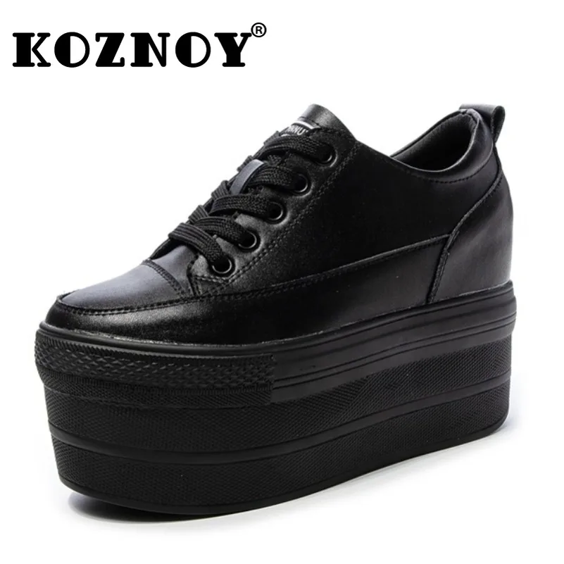 Koznoy 12cm  Leather Platform Wedge High Heels White Shoes Lace Up Increase Casual Shoes Genuine Leather Women Vulcanized Shoes