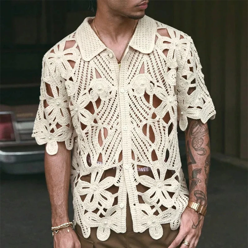 Vintage botão-up lapela camisas de malha dos homens sexy oco para fora transparente bordado camisa de malha para homem 2025 verão camisas elegantes