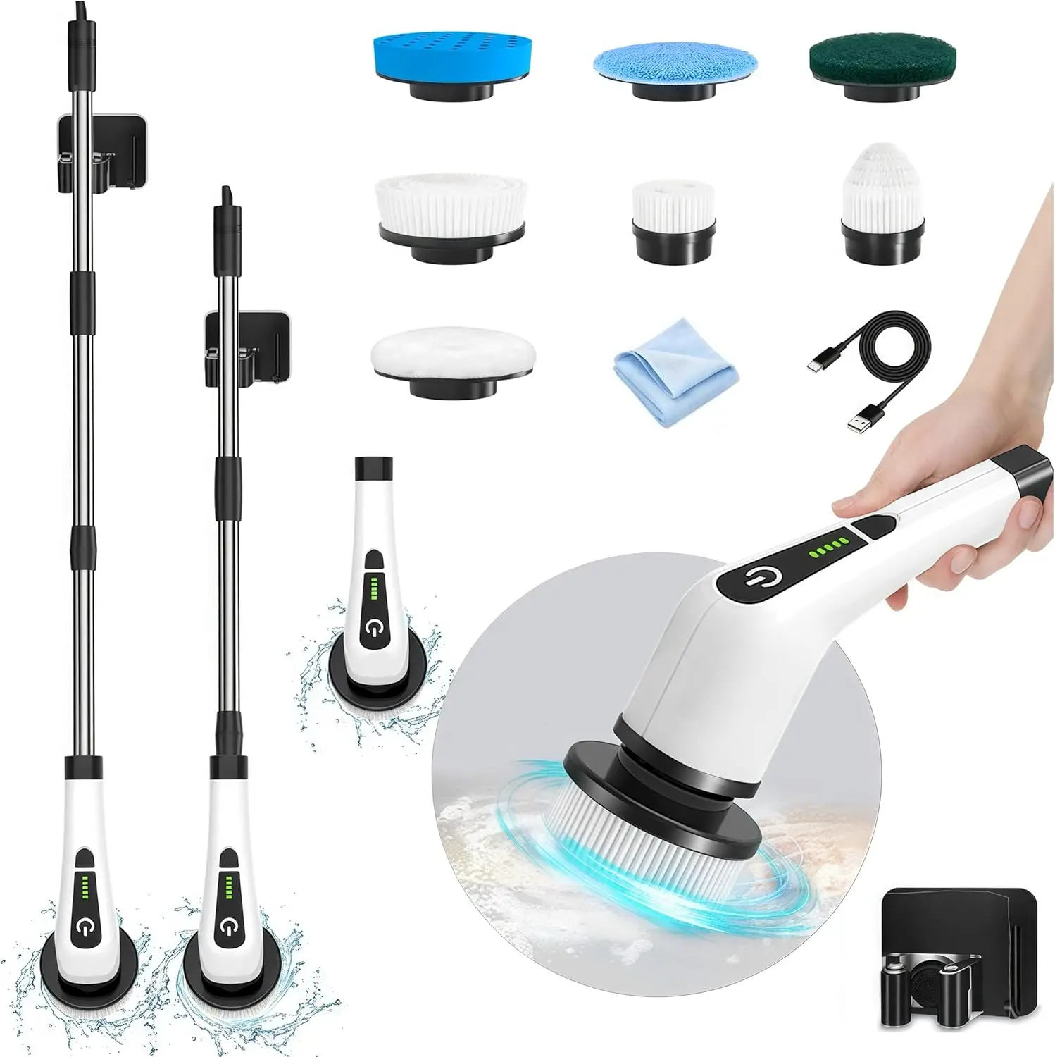 Electric Spin Scrubber, LOSUY Cordless Cleaning Brush w/  7 Replaceable Drill Brush Heads and 54 Inch Adjustable Extension Arm,