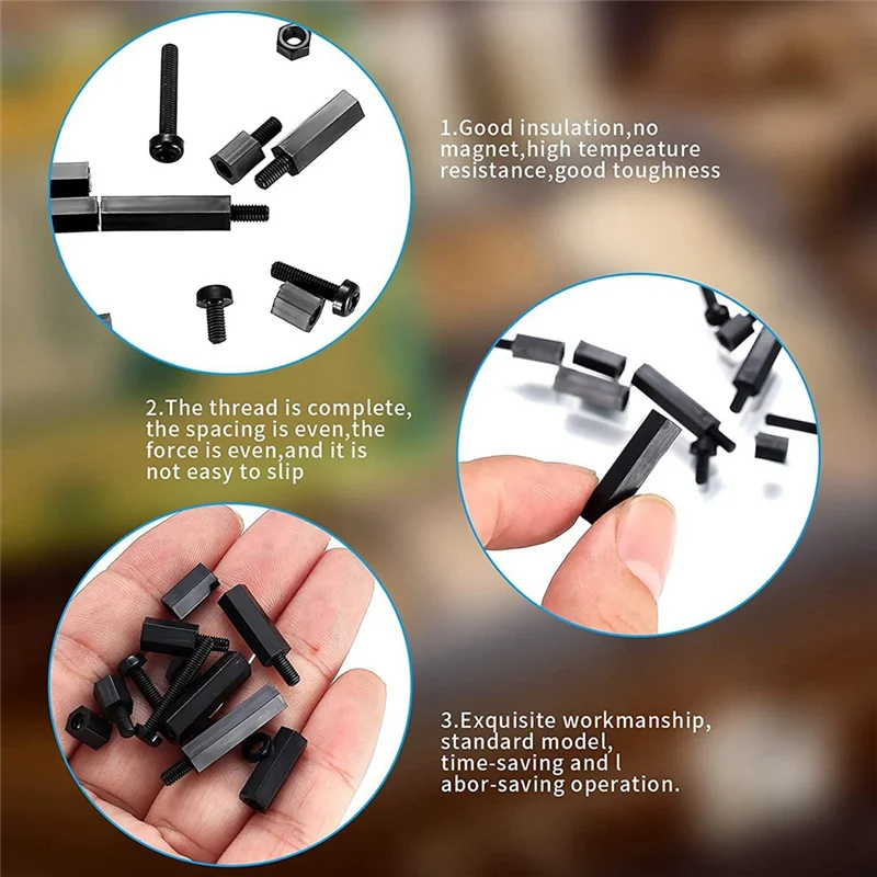 Aa51 260 peças m3 macho fêmea nylon encanta espaçador parafusos porcas, espaçador de pilar com rosca sextavada de nylon-preto fácil de usar