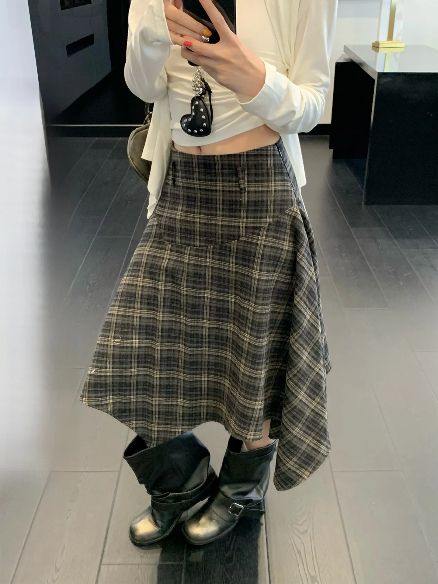 

Темно-коричневая клетчатая асимметричная юбка миди с завышенной талией для женщин, стройнящая, А-силуэт, весенняя модная повседневная юбка из смесового полиэстера