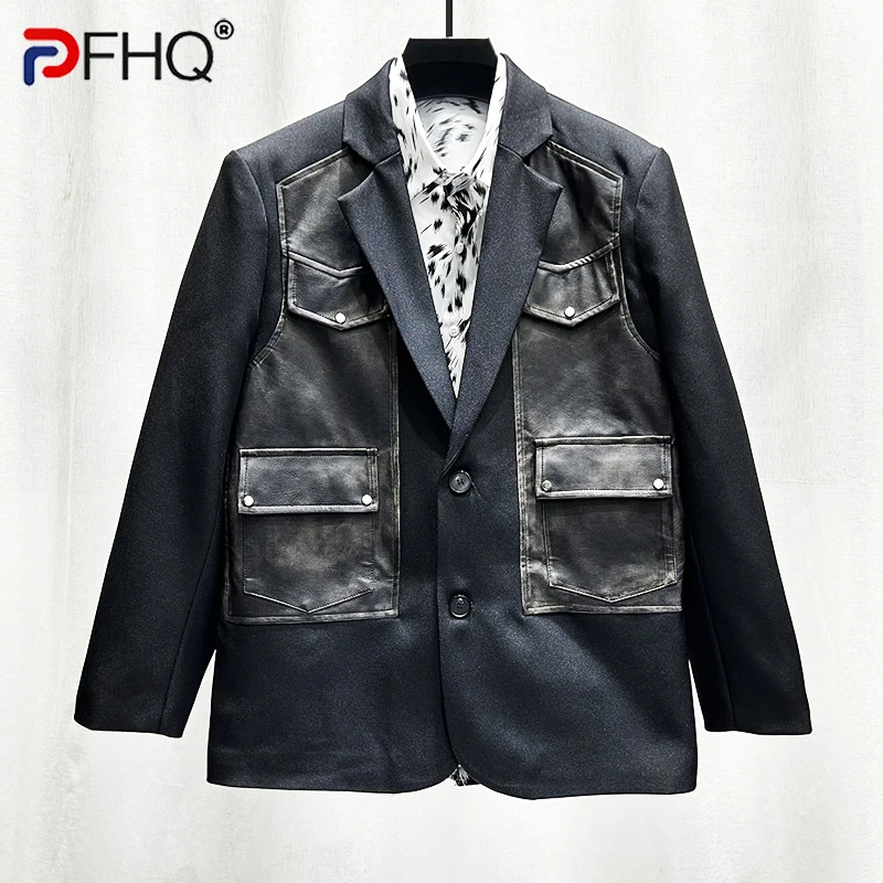 

PFHQ Men's New Personalized Trend Patchwork Suit Jackets Male Niche Design Leather Handsome Haute Quality Blazers Autumn 21Z4182