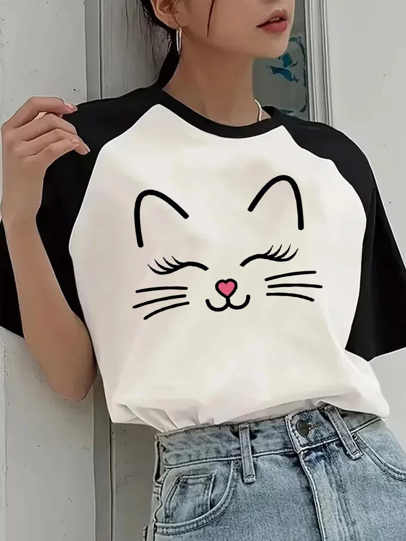 Women's Cartoon Cat Print Crew Neck T Shirt Casual Gothic T-Shirt Graphic Tees Tops 90s Short Sleeve T-shirt for Spring Summer