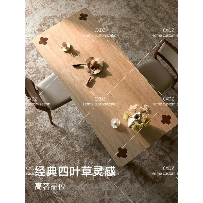 North American Black Walnut Solid Wood Dining Table with Rock Slab Countertop Long Restaurant Table Travertine Top Household