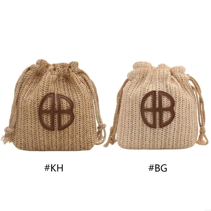 

E8FB Versatile Straw Crossbody Purse for Beach Holiday Vacation Women Vintage Woven Shoulder Bag Small Drawstring Bucket Bag