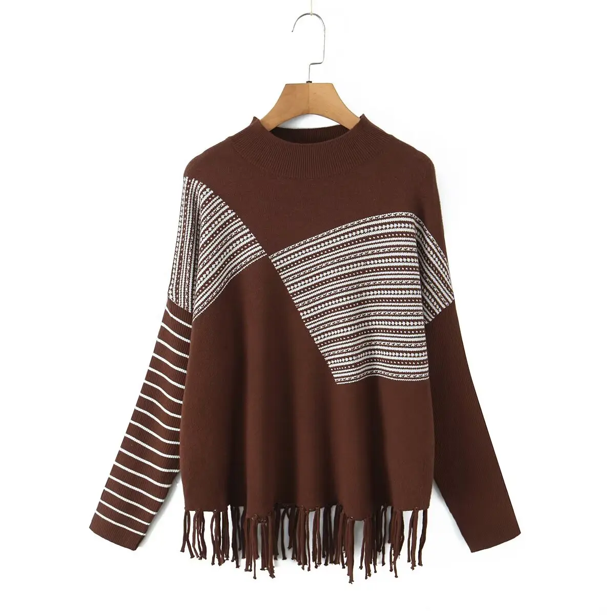 JNLEAOG Spring New Women's Faion Design Slant Stripe Embroidery Tassel Sweater Crew Ne Long Sve Regular Fit Linen Blend