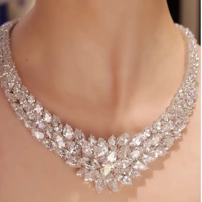 Cameo Fine Jewelry Series 925 Silver Synthetic Zircon White Water Drop Full Diamond Luxury Wedding Bridal Necklace