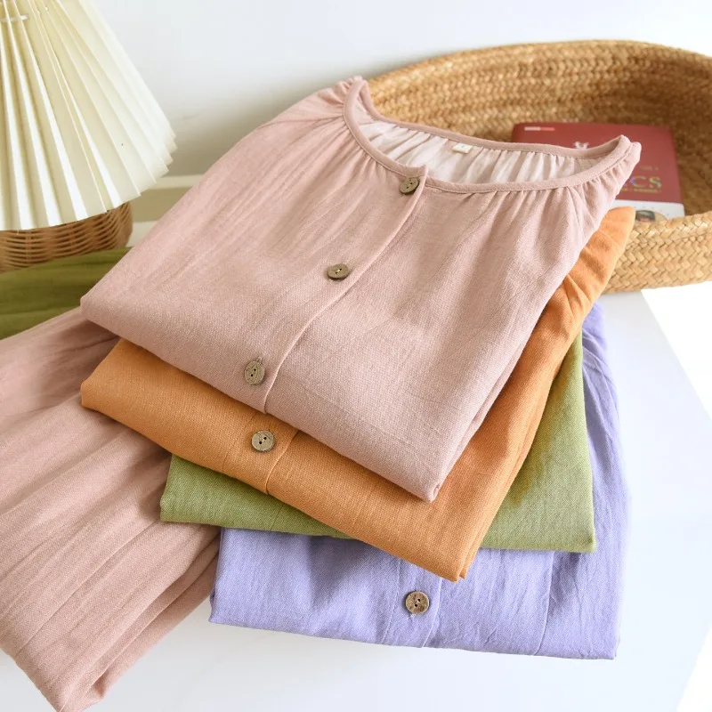 Plus Size Women's Sleepwear Set, Double Layer Cotton Gauze, Solid Color Long Sleeve Pajamas, Casual Loose Fit Loungewear