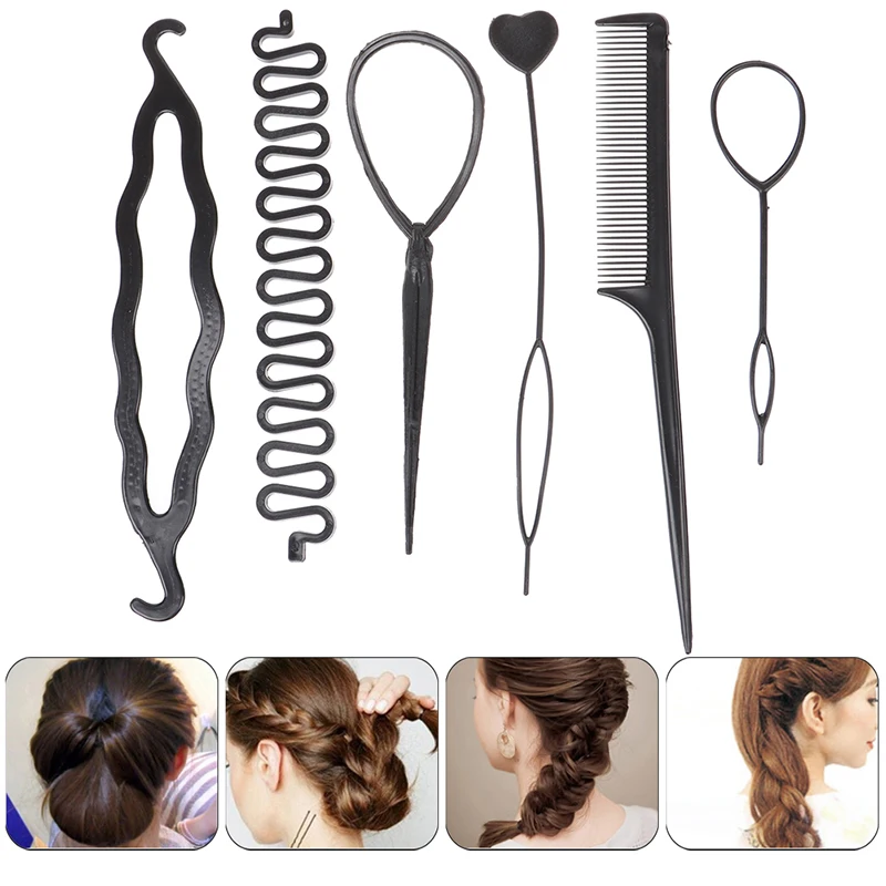 

● 6Pcs/Set Popular Ponytail Creator Black Plastic Loop Styling Tools Black Pony Topsy Tail Clip Hair Braid Maker Styling Tool