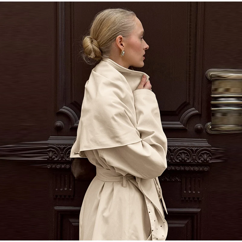Solider Trenchcoat mit gepunktetem Futter, doppelseitiger Cape-Jacke mit Gürtel, tailliert, mit Knöpfen, Herbst 2026, Damenmode, Streetwear-Jacke – Detail 14