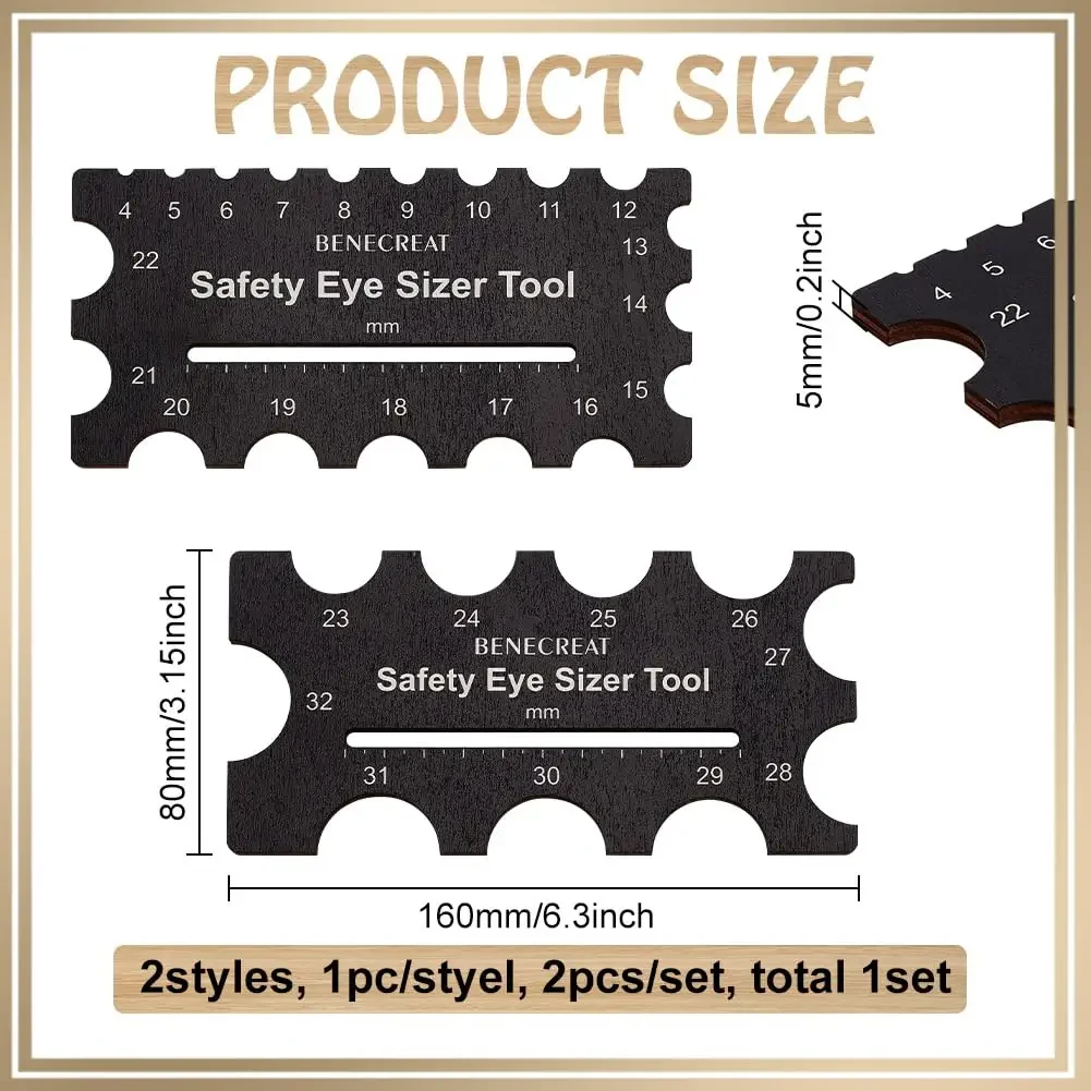 2Pcs Wooden Safety Eyes Sizer Tool, 4~32mm Diameter Measuring Ruler, Crochet Tool for DIY Craft Plush Bear Eye Installation Doll