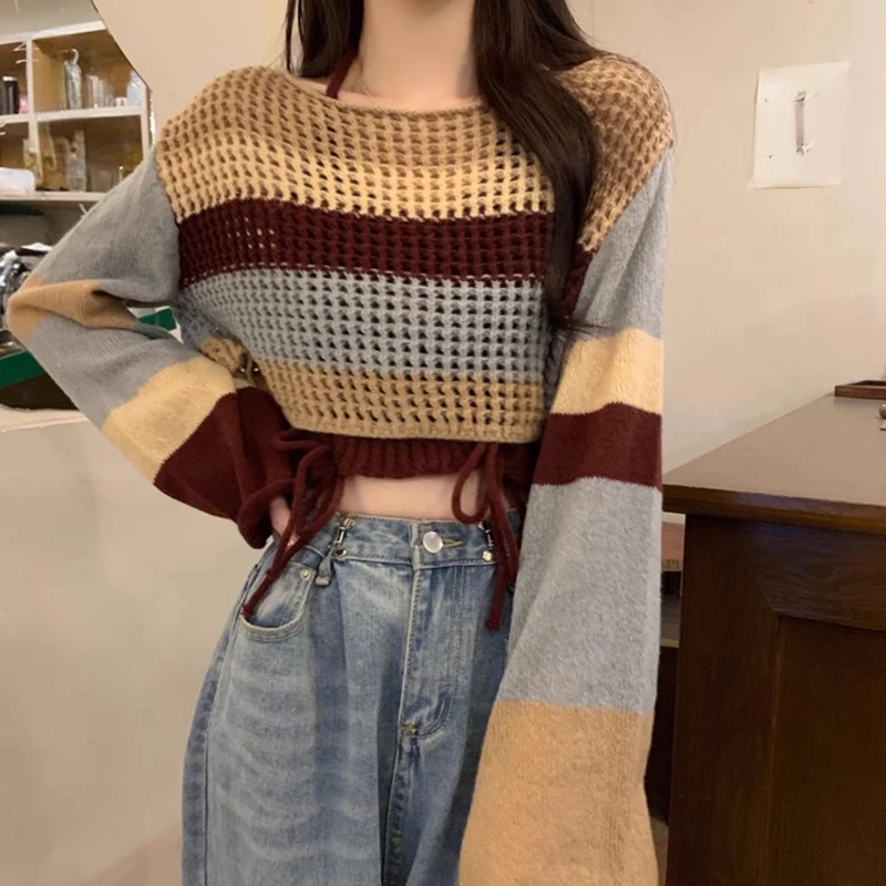 2025 Casual Contrast Color Striped Women Sweaters O Neck Long Sleeve Sweet Aesthetics Grunge Chic Fashion Knitted Jumpers