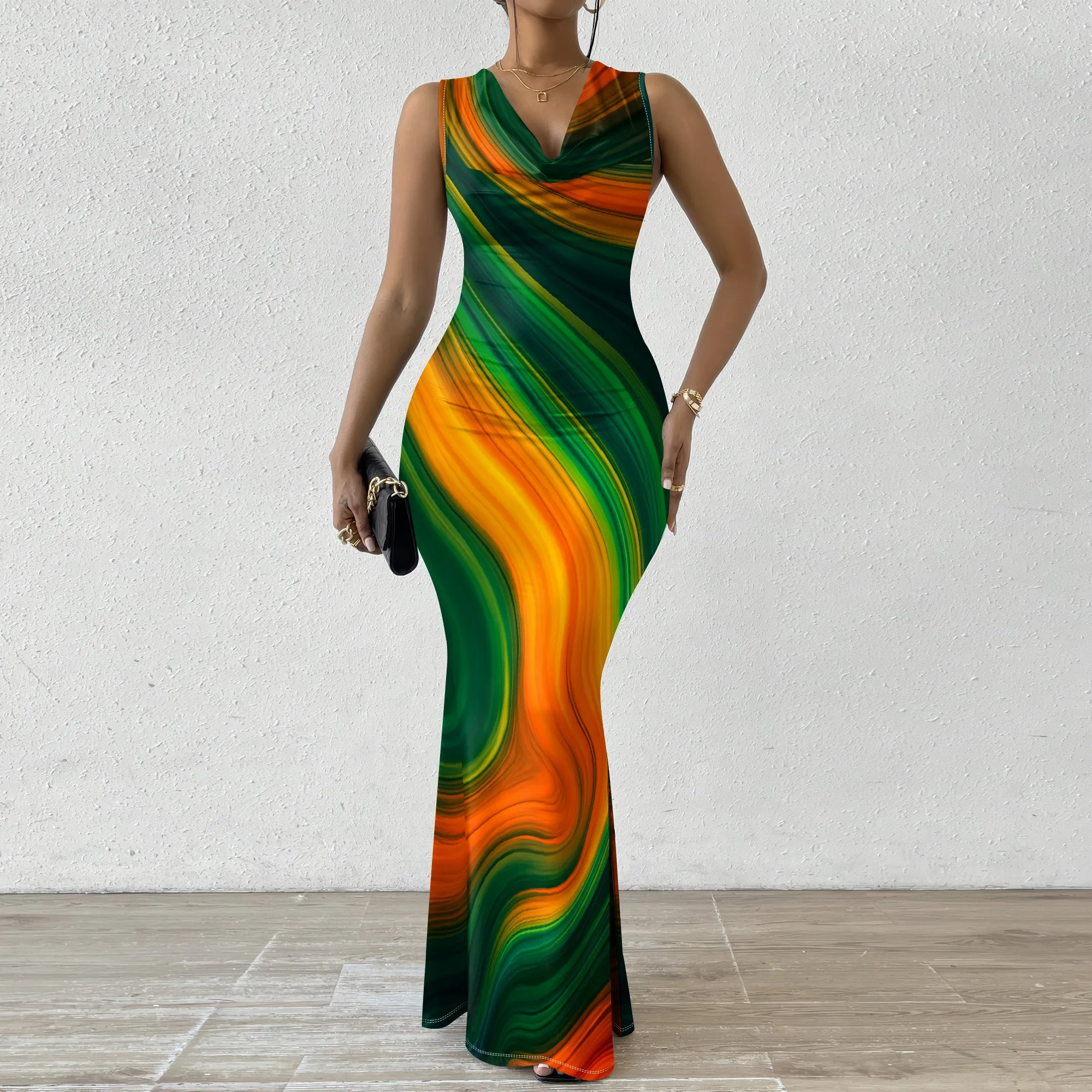 

Green Orange Marble Maxi Dress XS-2XL Sleeveless Cowl Neck Slim Fit Style for Kwanzaa, Art Show or Elegant Fall Party Look