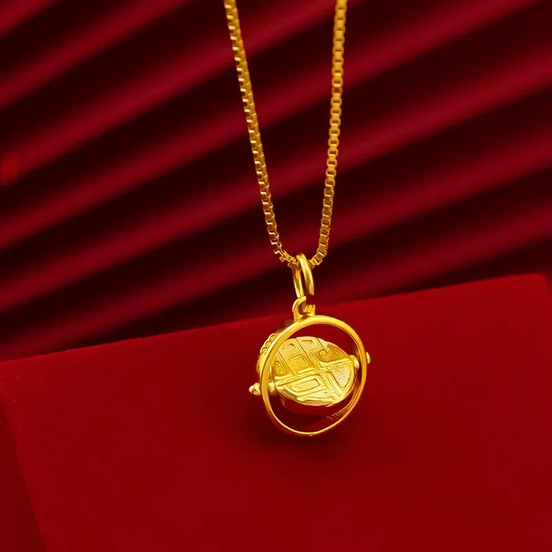 

9999 Real Gold 24K version rotating blessing character pendant necklace women's smart ethnic style blessing character necklace