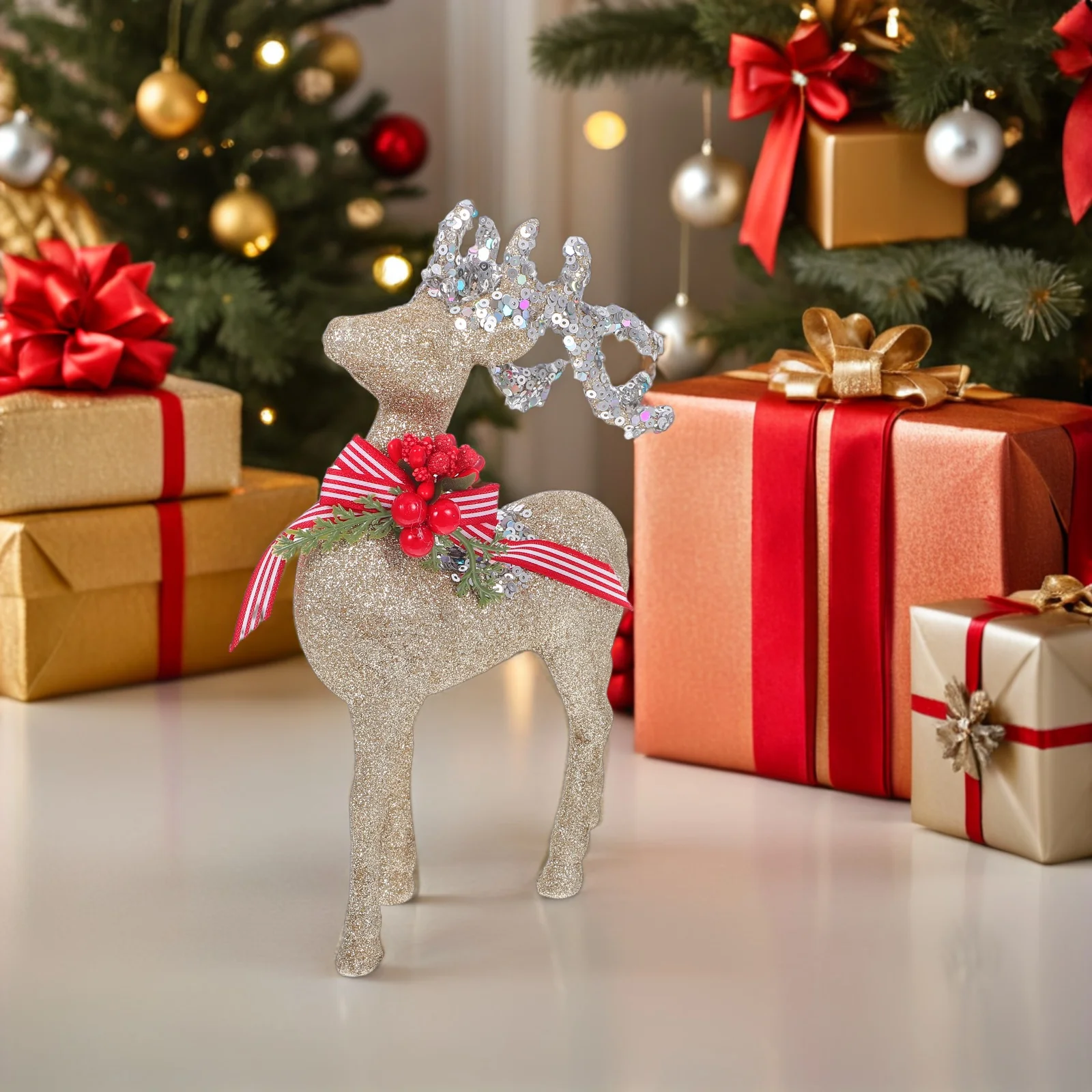 

1 Pair Christmas Flocking Reindeer Statue Plastic Glitter Elk Holiday Mantle Fireplace Tabletop Deer Decorations Stand