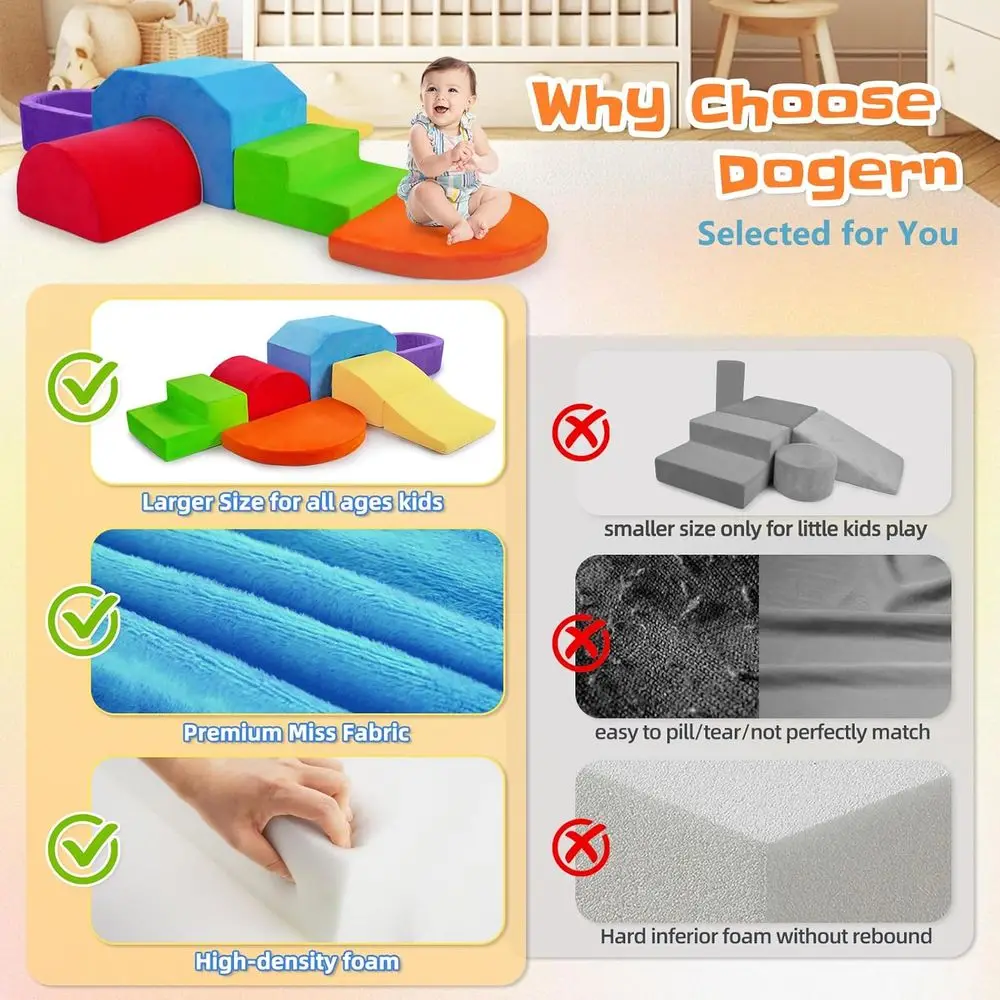 บล็อกโฟมนุ่มสำหรับเด็กเล็ก - ชุดของเล่นในร่ม 6 ชิ้น พร้อมฐานกันลื่นสำหรับเด็กทารก เสริมพัฒนาการทางประสาทสัมผัส คลาน และปีนป่าย