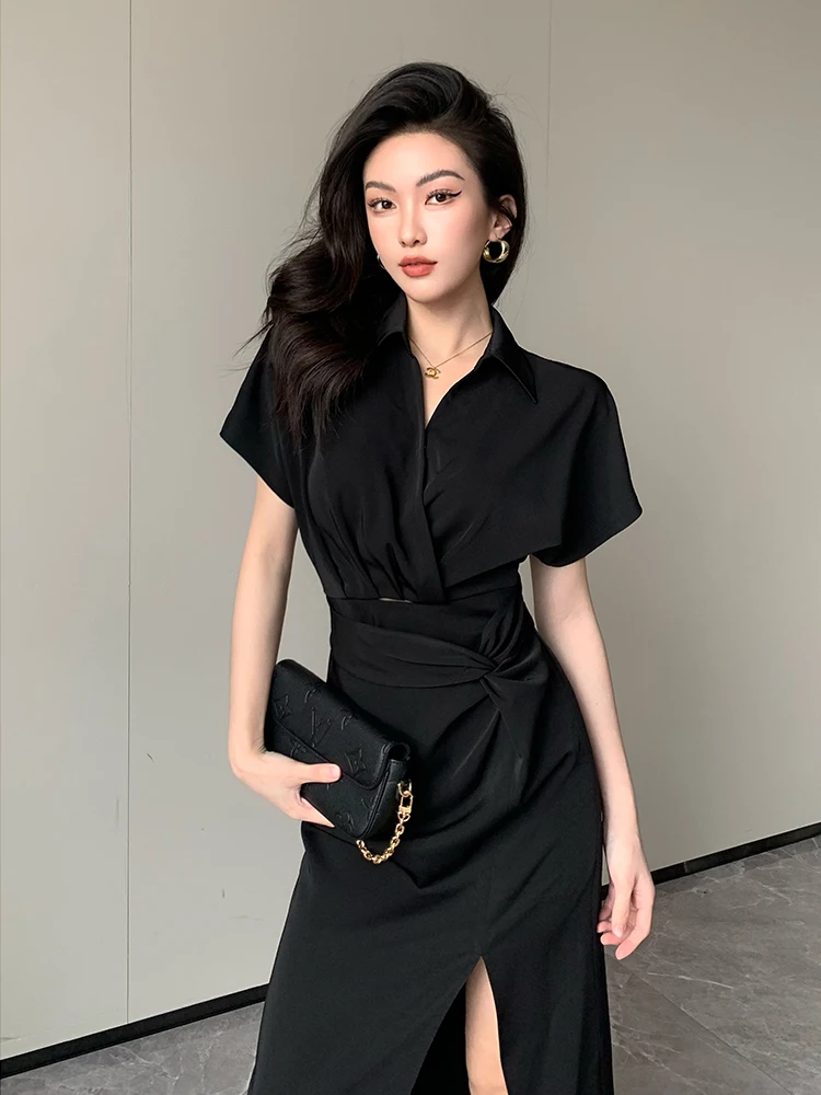 

JIJINQI Casual V-Neck Long Dress Women's Design Slimming High Waist Split Maxi Dress Retro Style Polyester Spandex Blend