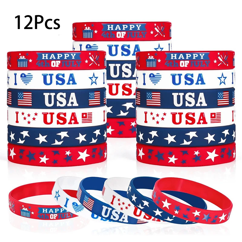 12 pulseras temáticas del Día de la Independencia, pulseras de silicona I Love USA para el 4 de julio, recuerdos de fiesta de cumpleaños del Día Nacional Americano