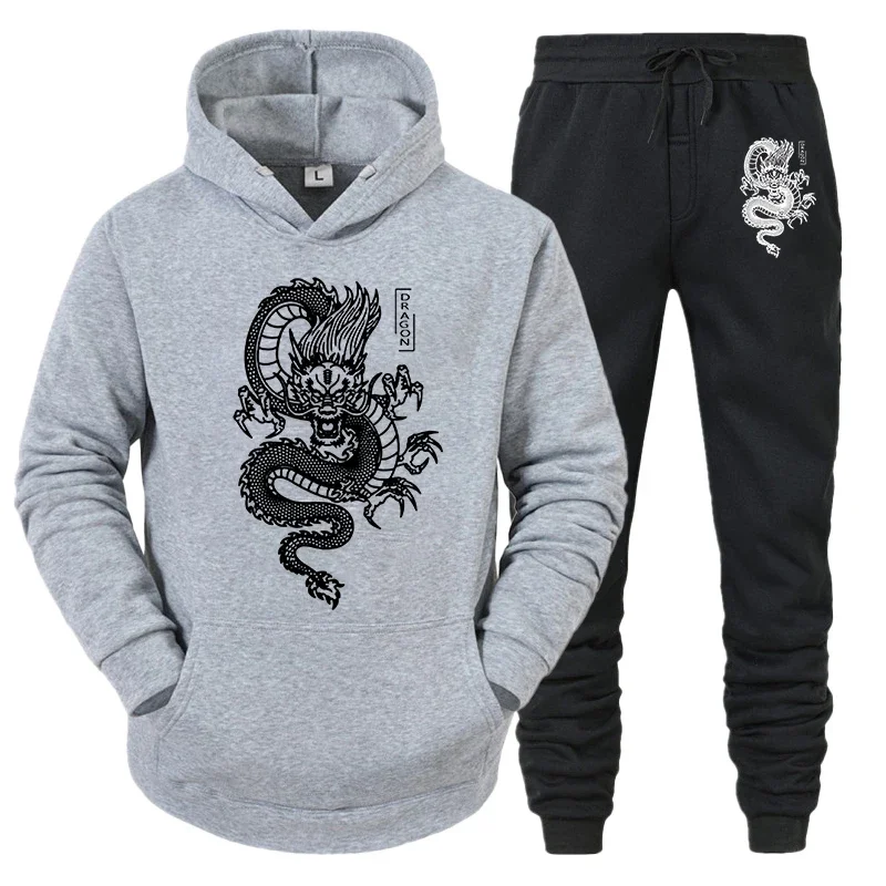 Men's hooded sweatshirt pants outfit - dragon patterned fleece casual sportswear for autumn/winter - men's streetwear