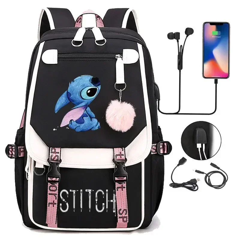 MINISO Disney 2025 New Series Cute Stitch Casual USB Charging Bag Students Large Capacity Fashion Zipper High-quality Backpack