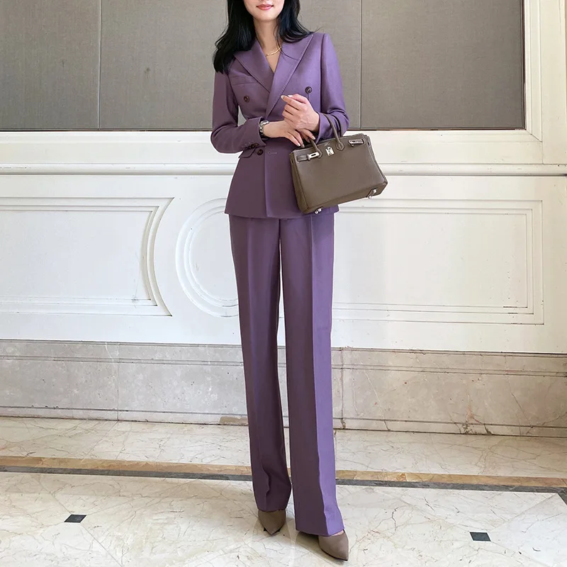 Allingentle Purple Women's Suit Pantsuit 2 Piece Double-Breasted Blazer & Pants Fashion Slim Fit Suit Customize