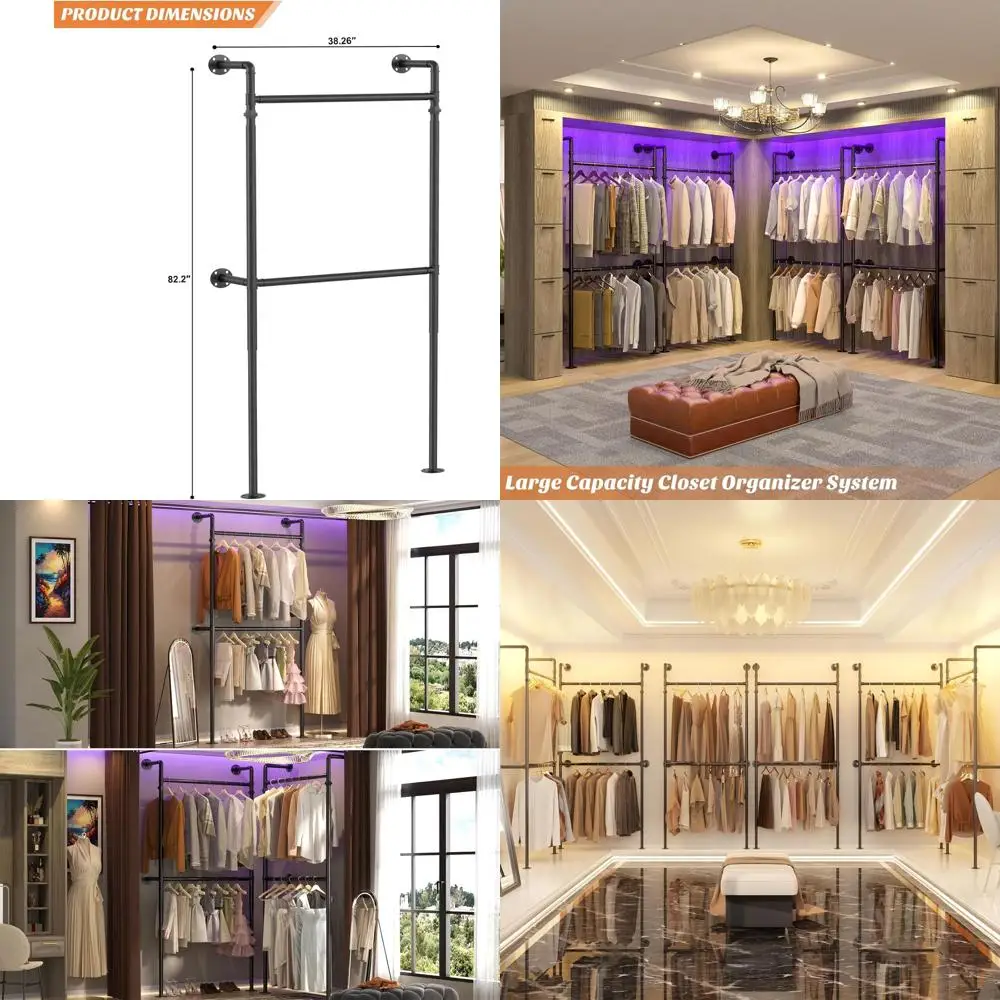 3.5FT Reversible Industrial Style Hanging Clothes Rack, Heavy Duty Wall Mounted Wardrobe, Compact Walk-in Closet System, Black