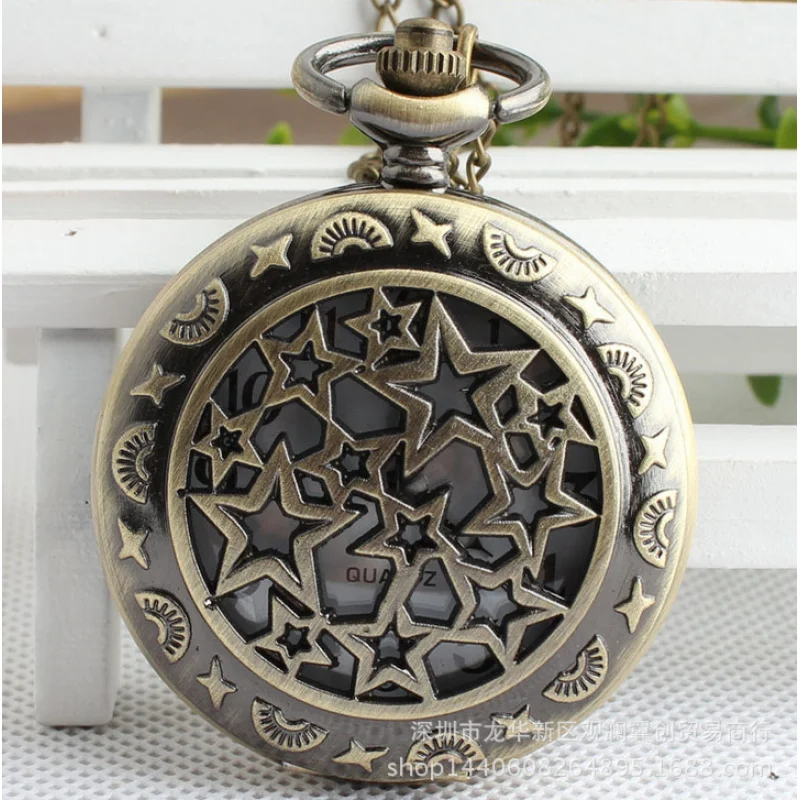Reloj de bolsillo Retro con estrella de cinco puntas grande, venta al por mayor, reloj de bolsillo de cuarzo con estrellas huecas, reloj de cadena con tapa de bronce, venta al por mayor